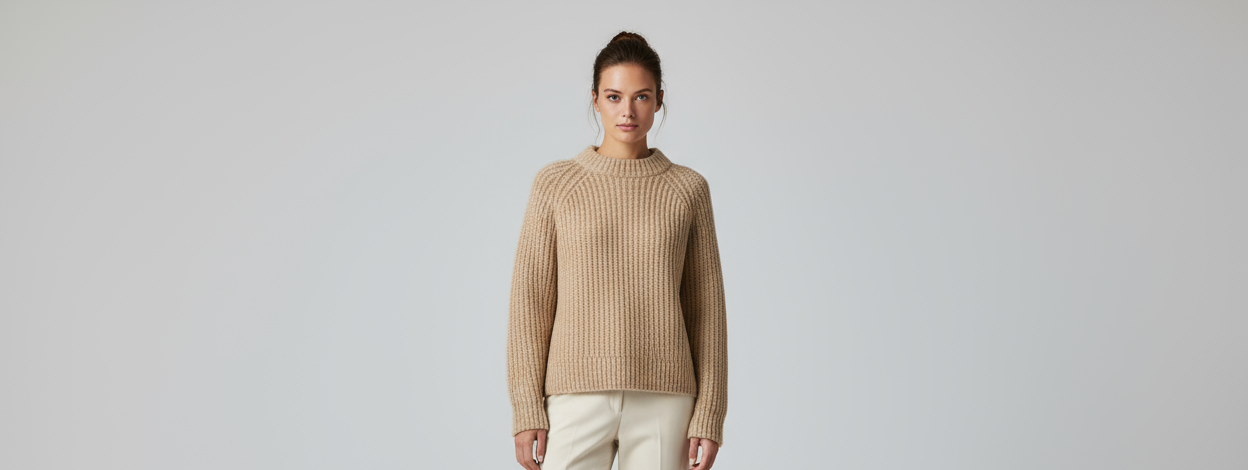women model wearing a beige pullover, background light grey photostudio